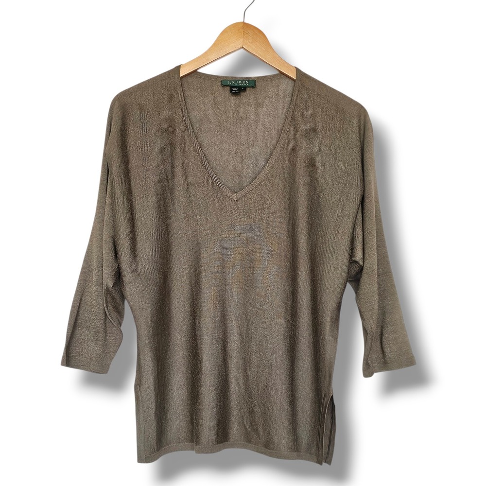 Ralph Lauren Silk Sweater L Womens Olive Green Dolman Sleeve Quiet Luxury Fall